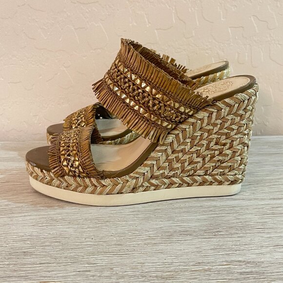 Vince Camuto Wedge Espadrille Sandals 6.5 Brittnuh Brown Gold Tan Slides - Picture 6 of 12